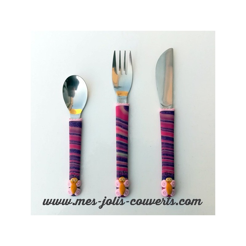 La cuillère, la fourchette et le couteau Papillon en pate polymère.  Fabriqué en bretagne à Iffendic - Mes Jolis Couverts