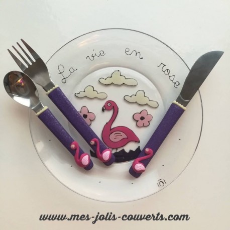 Assiette + 3 couverts Flamant-Rose