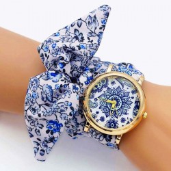 Montre foulard mandala bleu or bracelet tissu