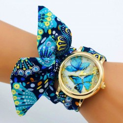 Montre couple papillon bleu or bracelet tissu
