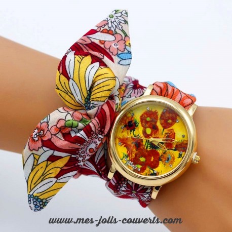 Montre femme coquelicot tournesol or bracelet tissu