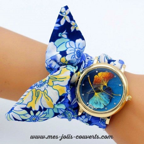 Montre femme trefle or bracelet tissu