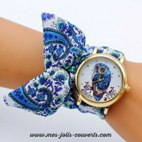Montre femme chouette hibou or bracelet tissu