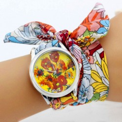 Montre foulard coquelicot argent bracelet tissu