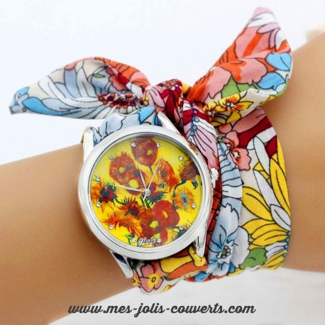 Montre femme coquelicot tournesol bracelet tissu