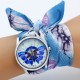 Montre femme papillon cercle argenté bracelet tissu à nouer