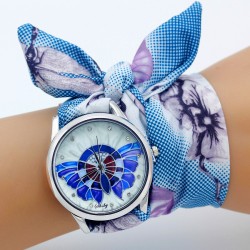 Montre femme papillon cercle argenté bracelet tissu à nouer