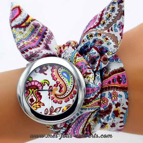 Montre femme arabesque rose argenté bracelet tissu à nouer