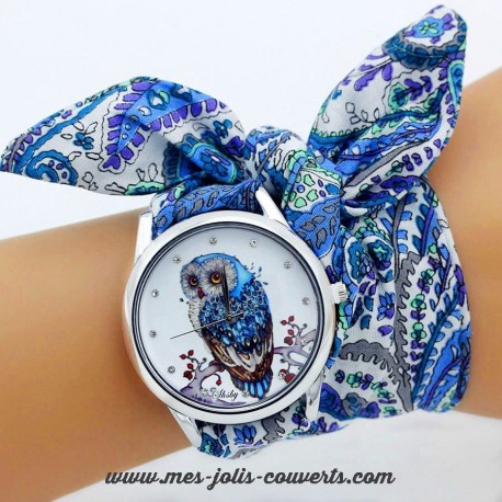 Montre chouette hibou argent bracelet tissu
