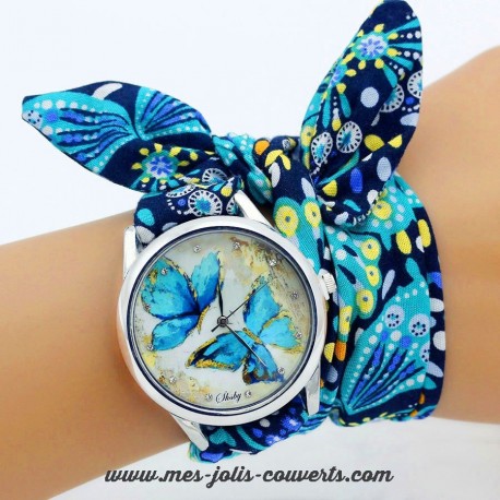 Montre couple papillon argent bracelet tissu