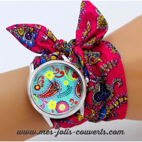 Montre foulard arabesque rouge bracelet tissu