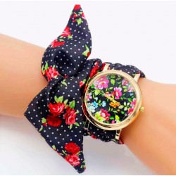 Montre fleur noire et rouge or bracelet foulard