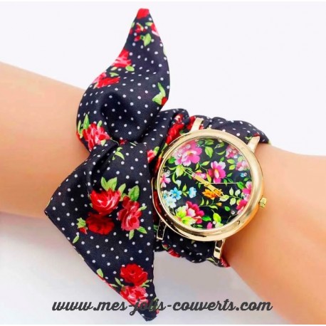 Montre fleur noire et rouge or bracelet tissu