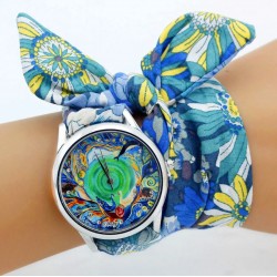 Montre iris bleue argent bracelet tissu