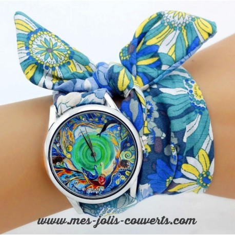 Montre iris bleue argent bracelet tissu