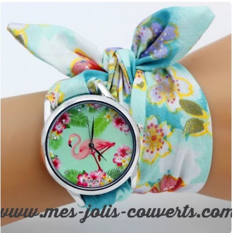 Montre femme flamant rose bracelet tissu