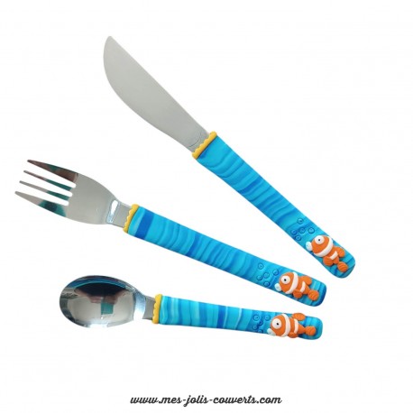 Couverts enfant poisson clown de couleur bleue pailleté.