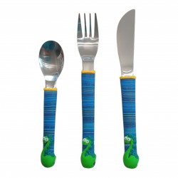 Trio de couverts enfant Dinosaure avec son manche bleu mélangé Personnalisable au nom de l' enfant