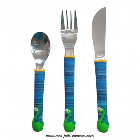 Trio de couverts enfant Dinosaure avec son manche bleu mélangé Personnalisable au nom de l' enfant