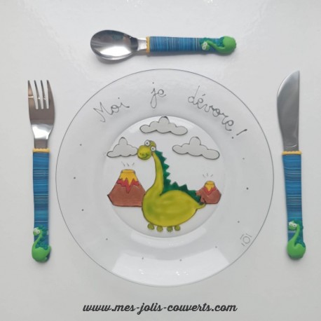 L' assiette et ses 3 petits couverts enfant Dinosaure