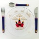 assiette et trio de petits couverts fée, manche de couleur violet pailleté.