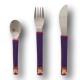 assiette et trio de petits couverts fée, manche de couleur violet pailleté.